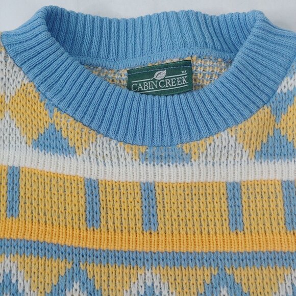 Vintage 90s Cabin Creek Womens M Sweater Geometric Blue Yellow Pullover Retro - Picture 5 of 7